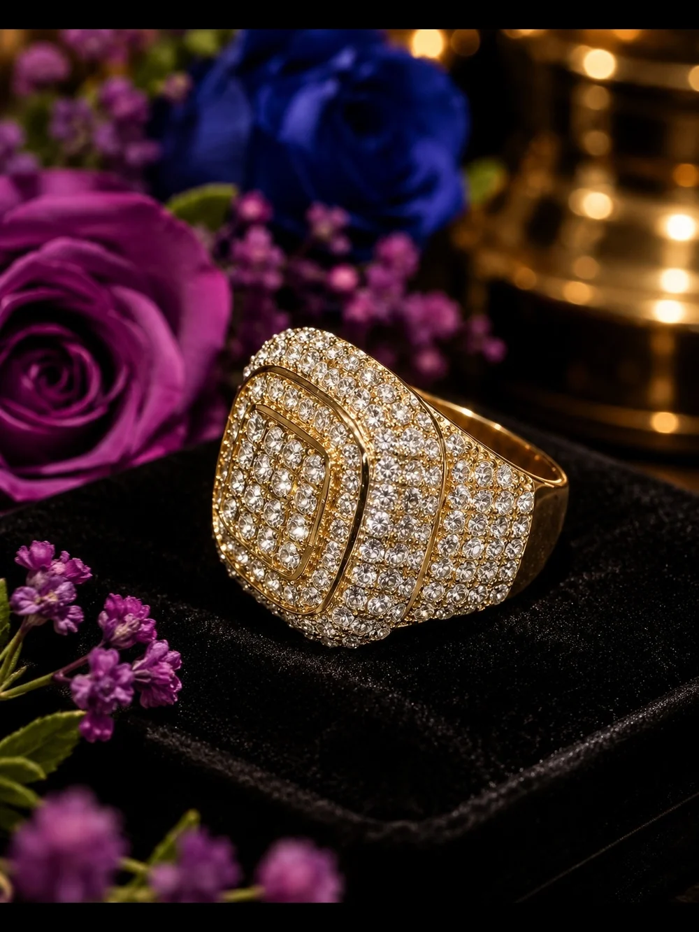 Men’s Gold Tone Rhinestone Iced Out Statement Ring Size 8